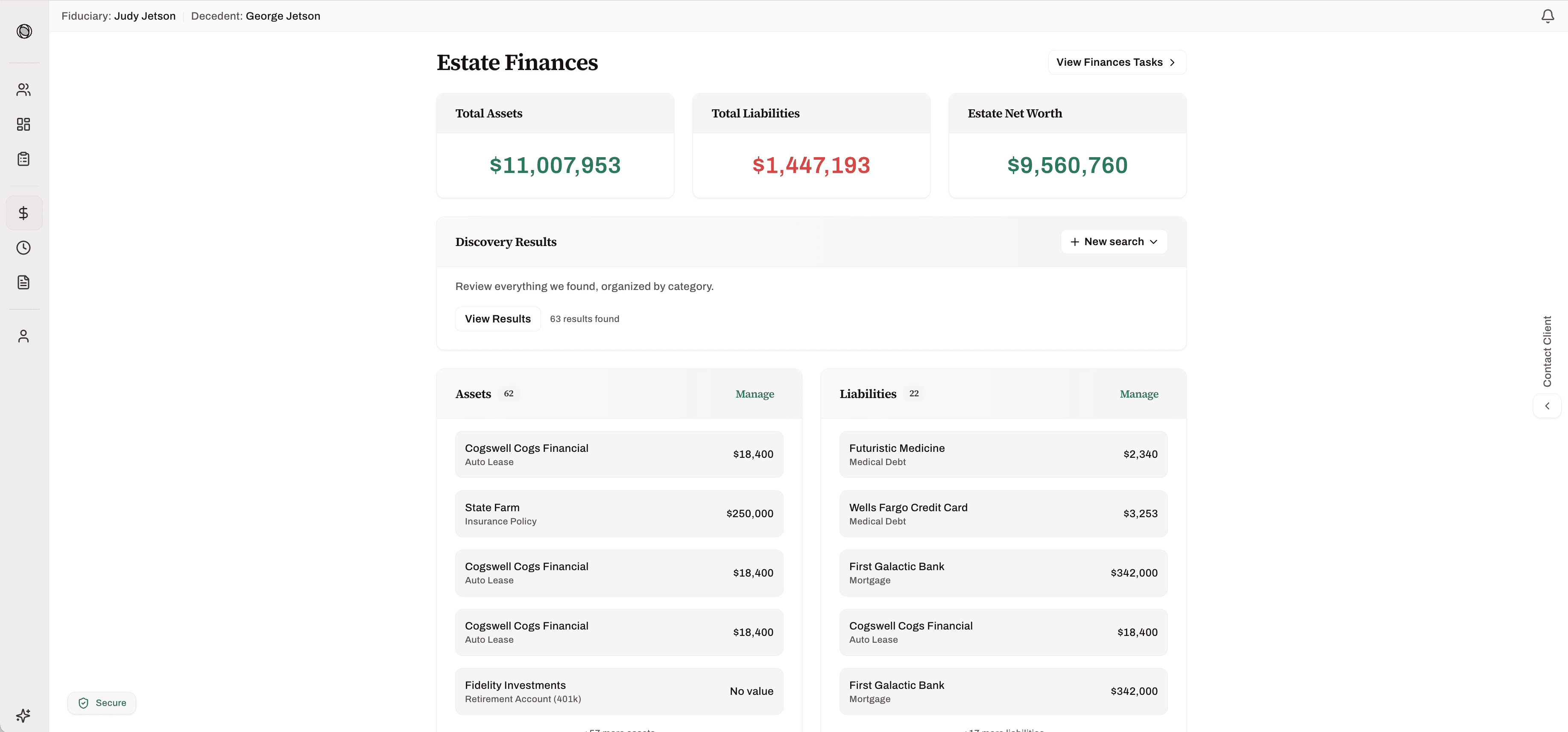 Heirloom Estate Finances dashboard showing total assets, liabilities, net worth, and discovery results